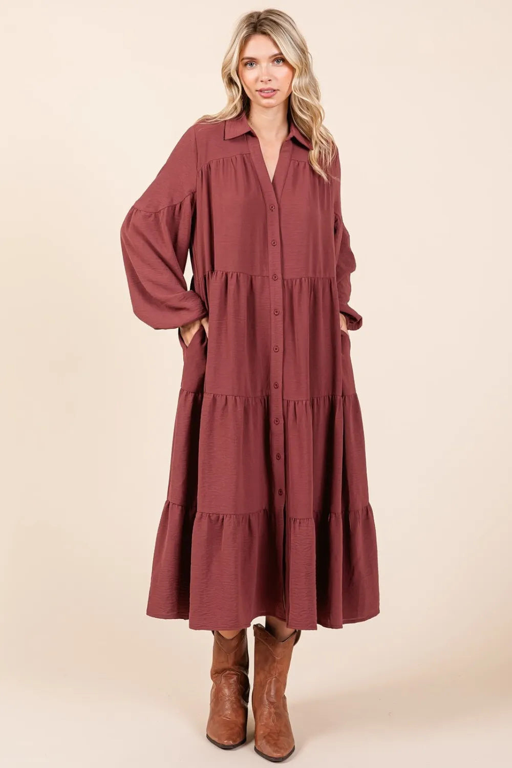 Sienna Red   Ruched, Tiered Button Down Long Sleeve Midi Dress