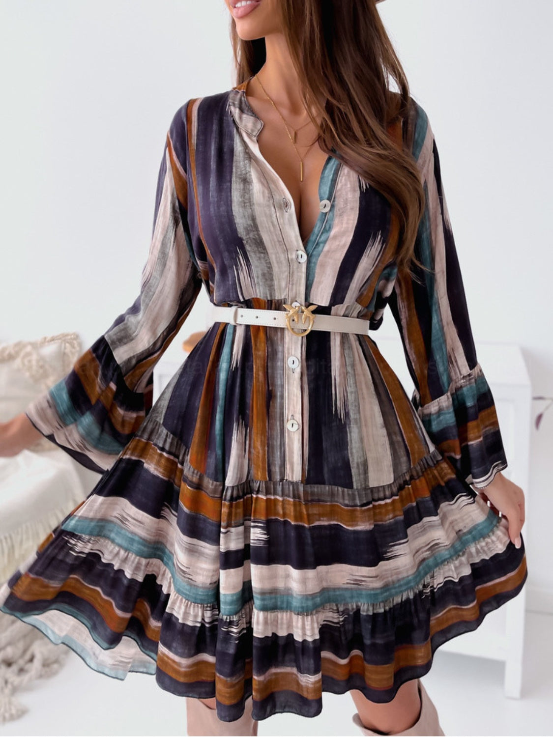 Vibrant Striped Buttoned Mini Dress with  Long Sleeves