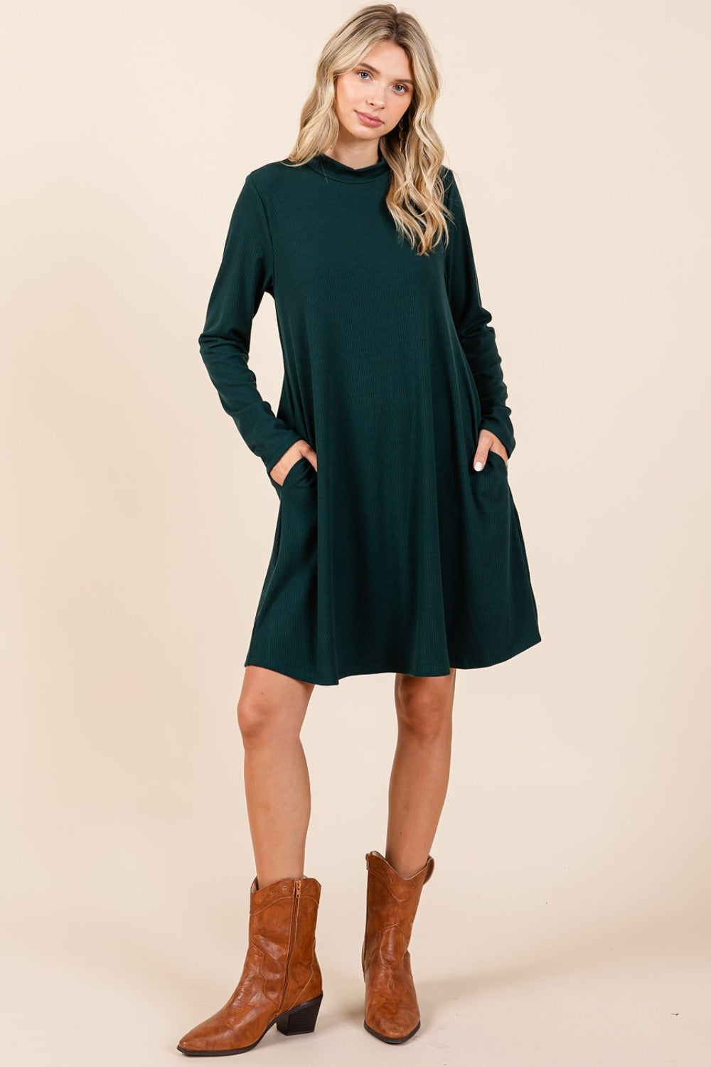 Black Casual Mock Neck Long Sleeve Dress with Pockets