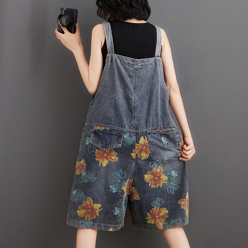 Printed And Washed Casual Oversized Denim Overalls