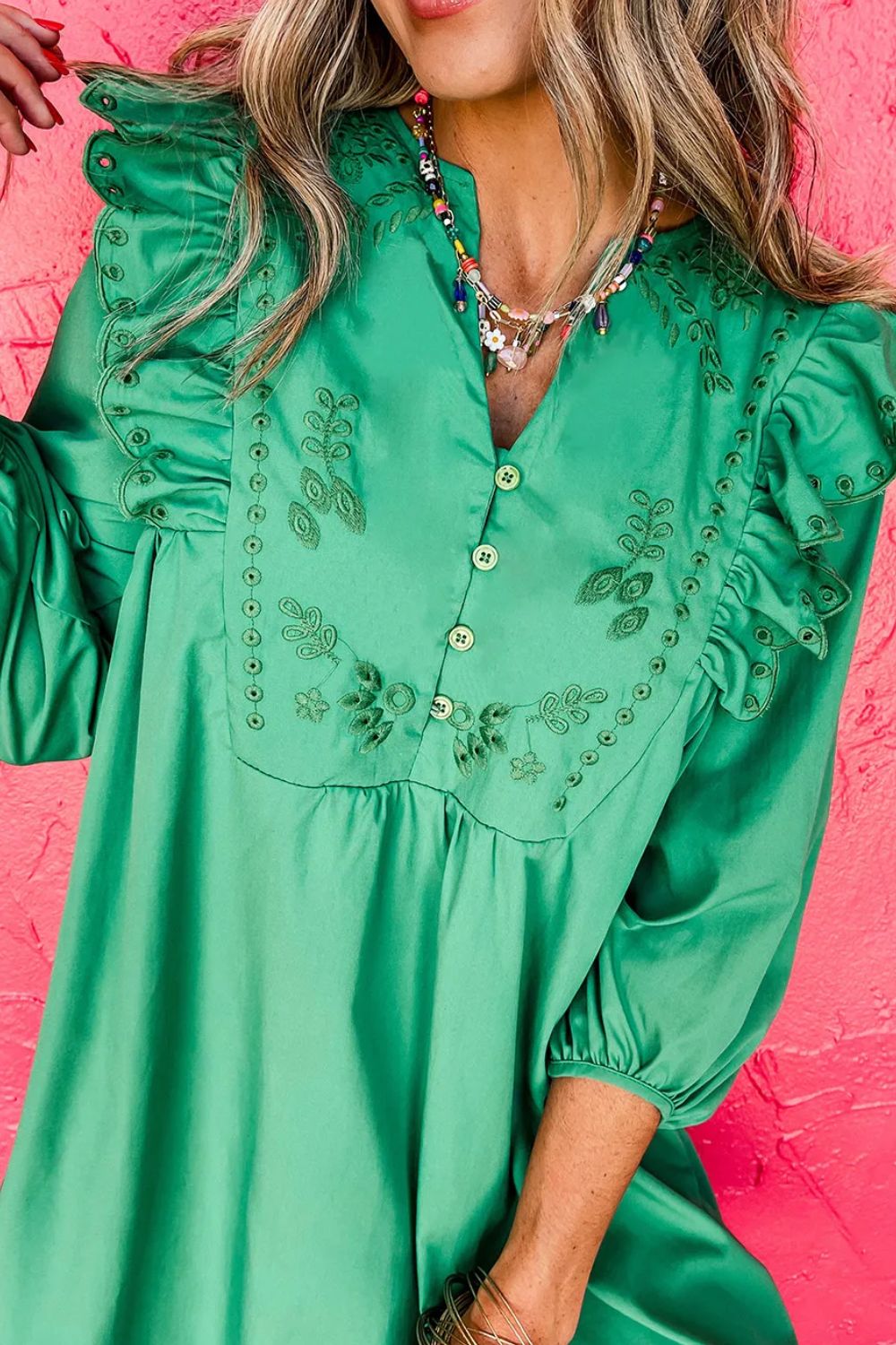 Green Embroidered Ruffled Notched  Dress wiht Three-Quarter Sleeves