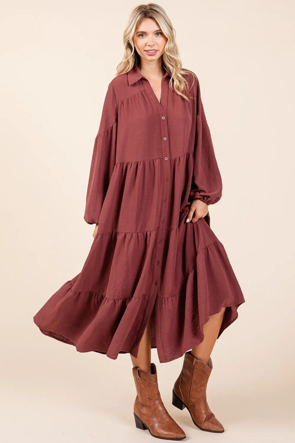 Sienna Red   Ruched, Tiered Button Down Long Sleeve Midi Dress