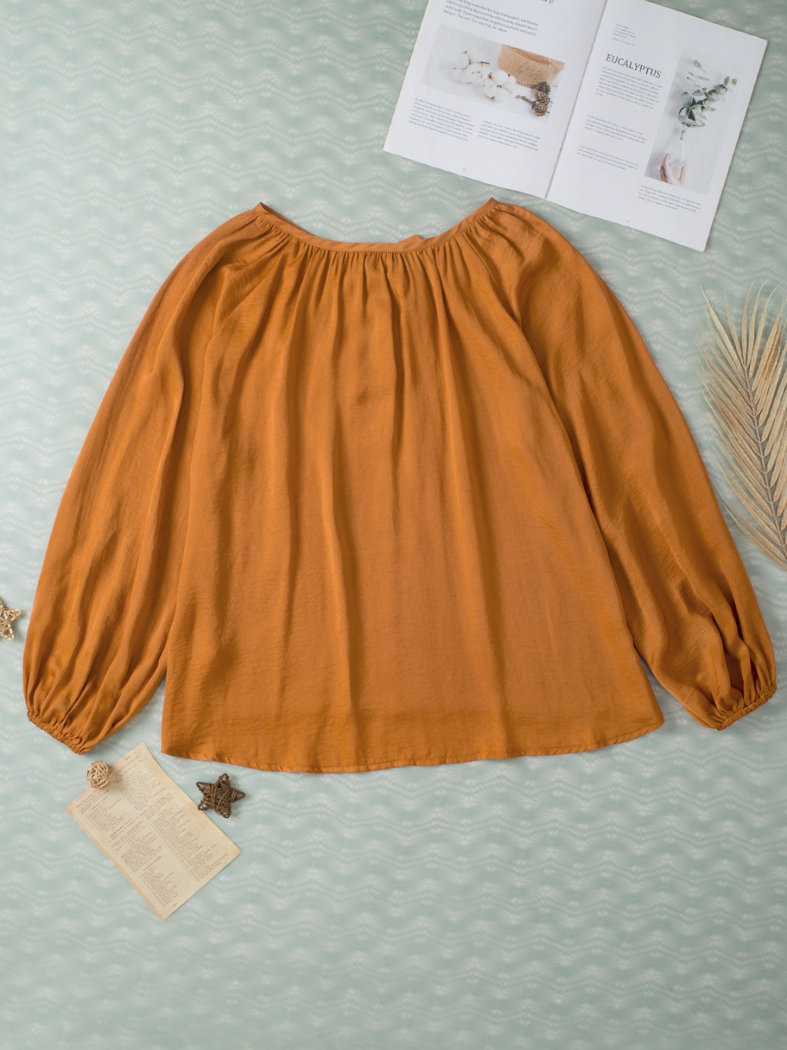 Caramel Tie Neck Balloon Sleeve Blouse