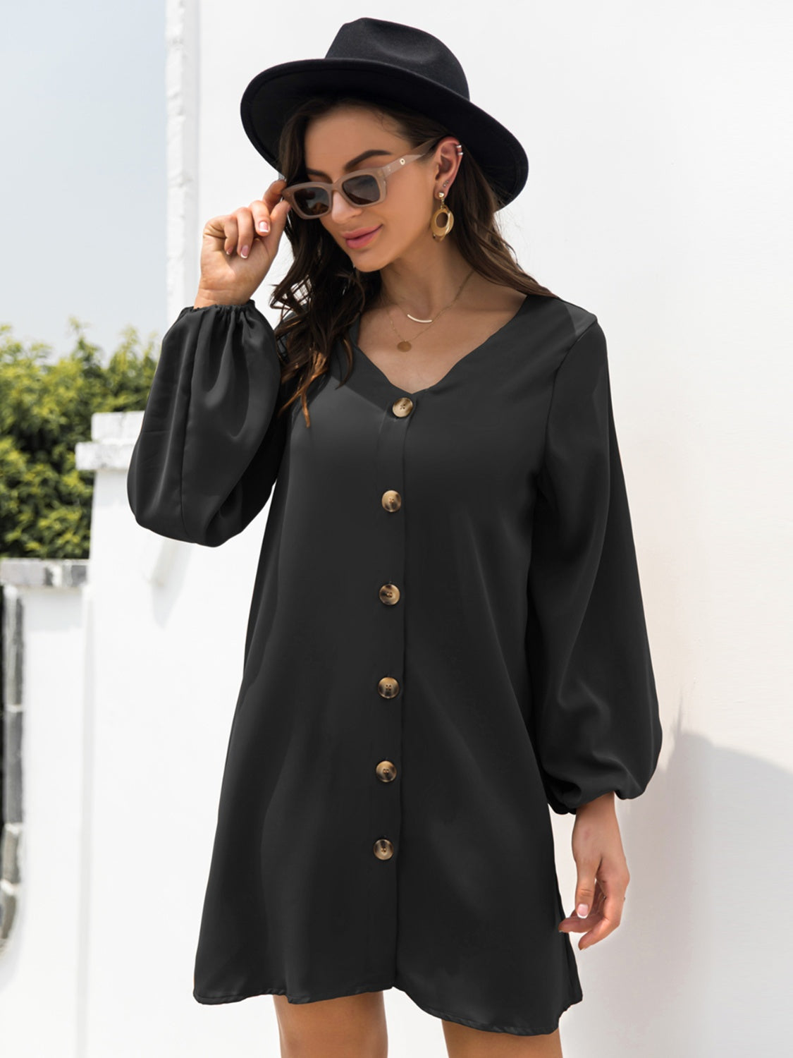 New Autumn  Mini Buttoned Dress with V-Neck & Long Sleeves