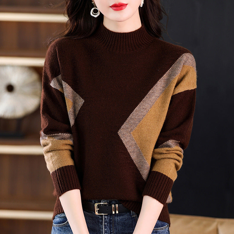 Classic Charm Geometric Pattern Mock Neck Knit Sweater