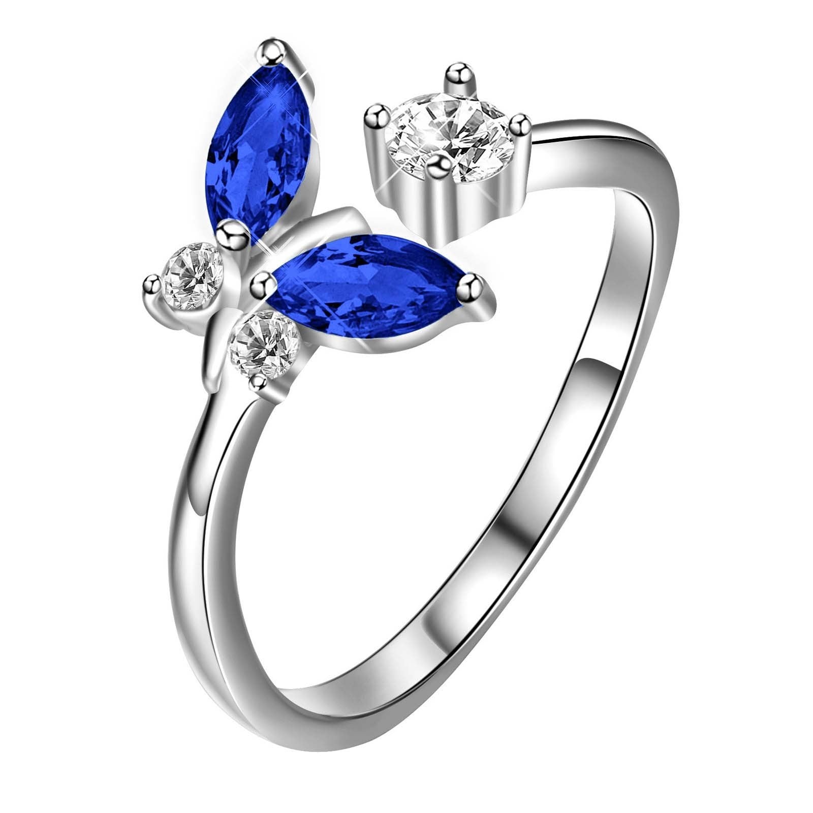 925 Sterling Silver Butterfly Ring with Sapphire Blue Crystal - Adjustable.