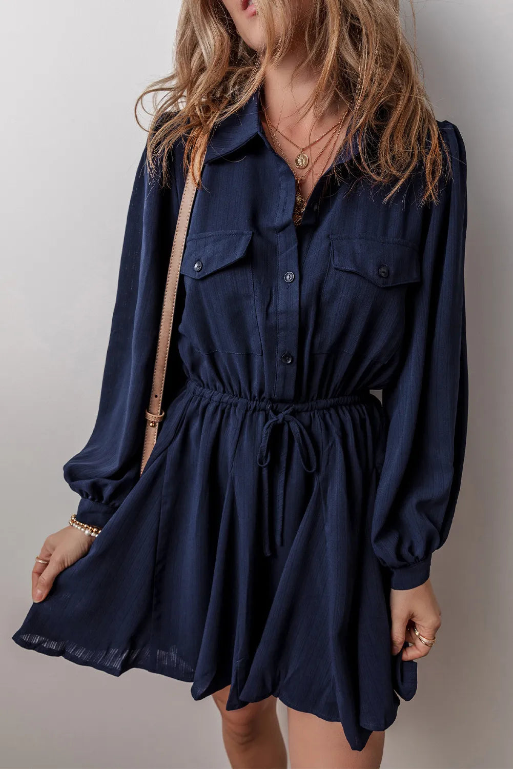 Sporty Chic Half Button Navy Dress with Long Sleeve & Drawstring