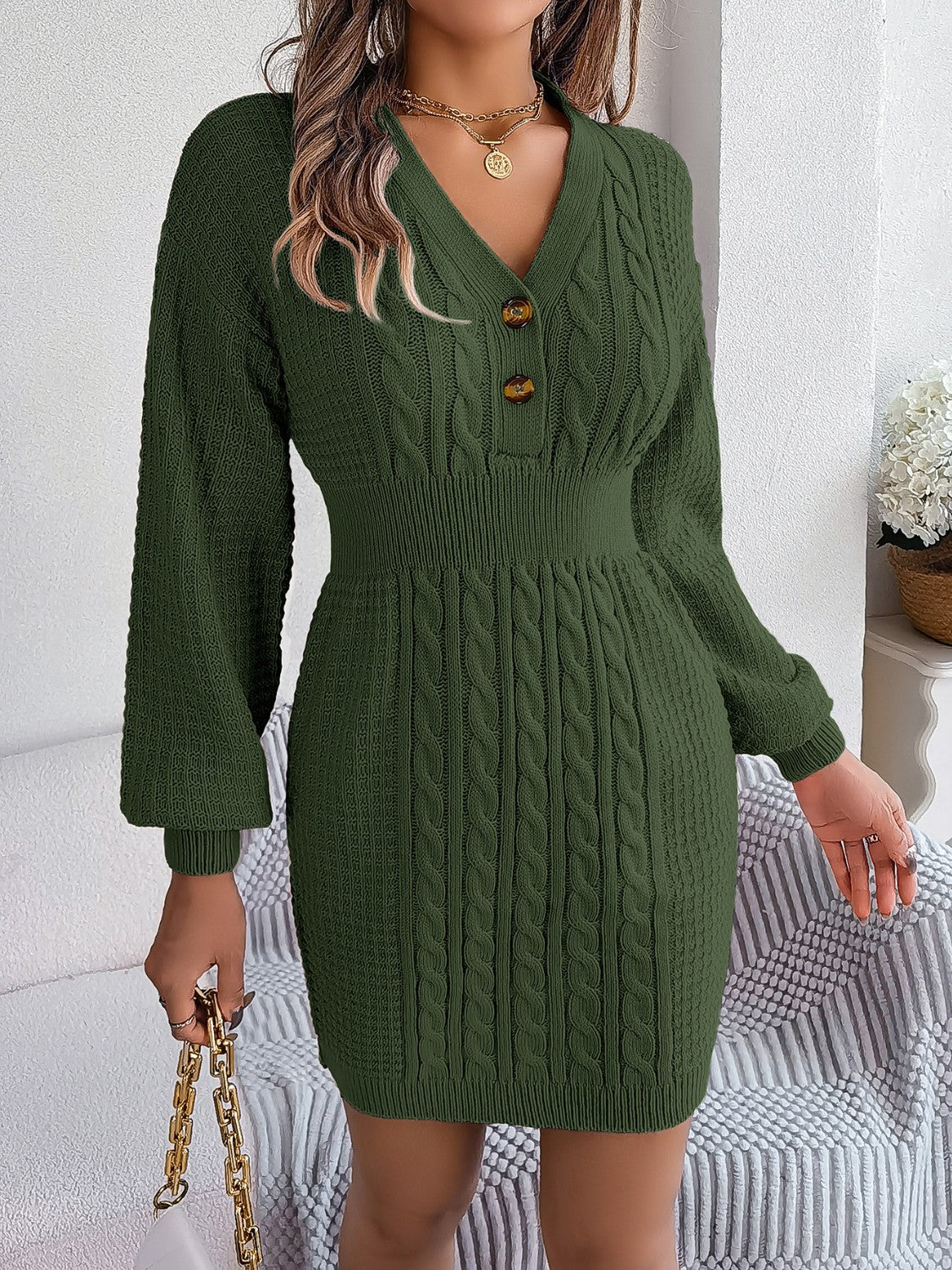 Classic Buttoned Cable-Knit V-Neck Sweater Dress