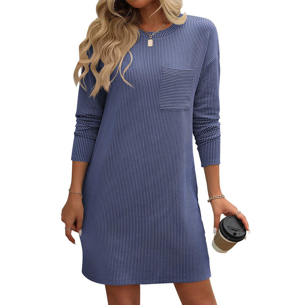 Elegant Striped With Pockets Long Sleeve Dress with Round Neck