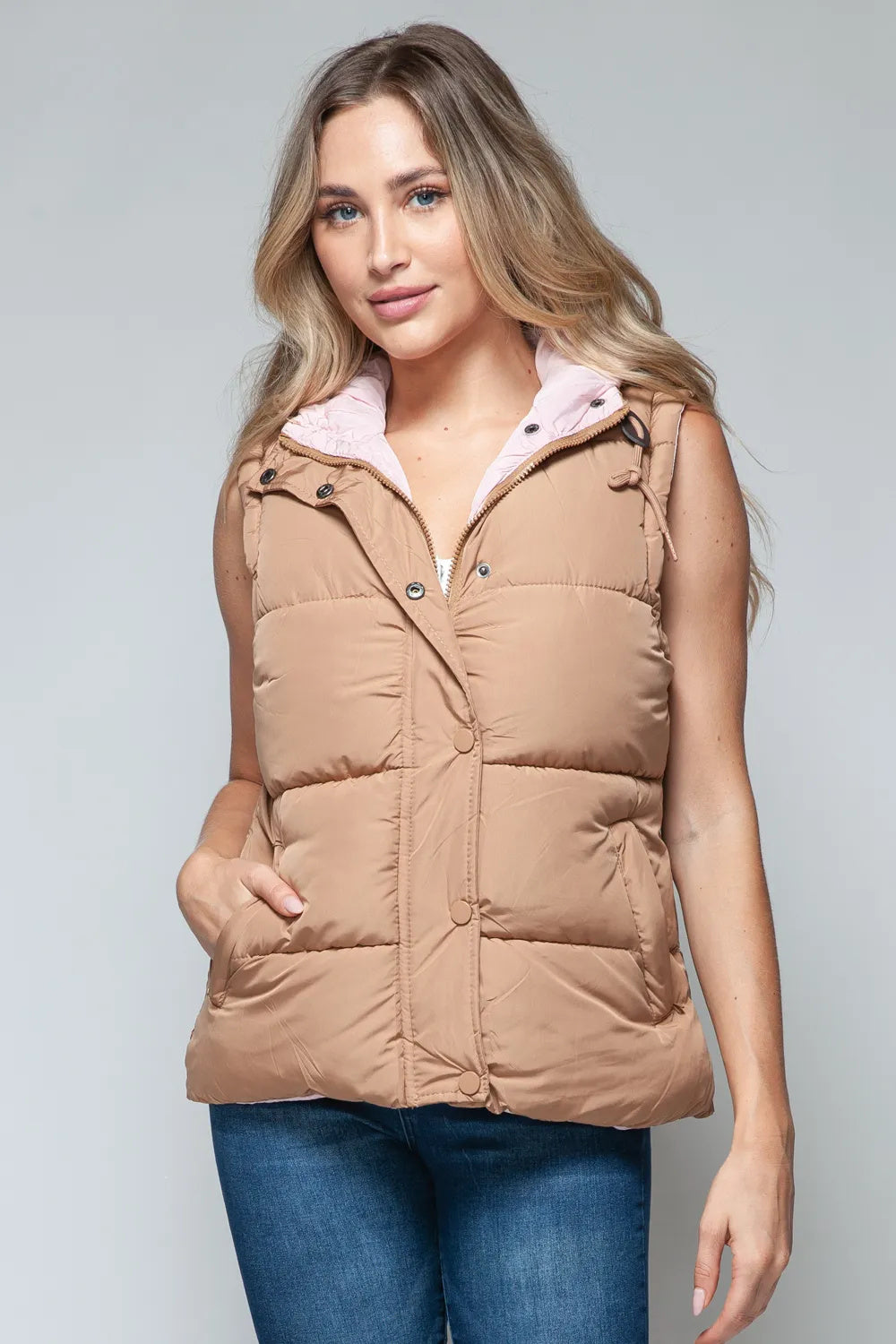 Stylish Snap And Zip Closure Hooded Vest