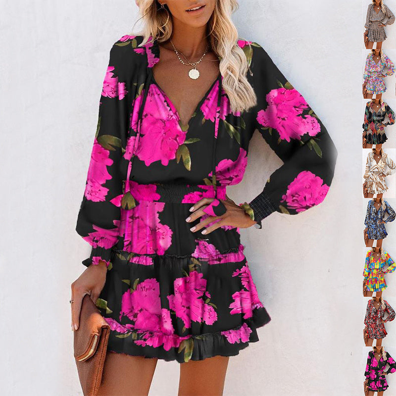 Flowers Patchwork  Print Long Sleeve Dress with Puff Sleeve