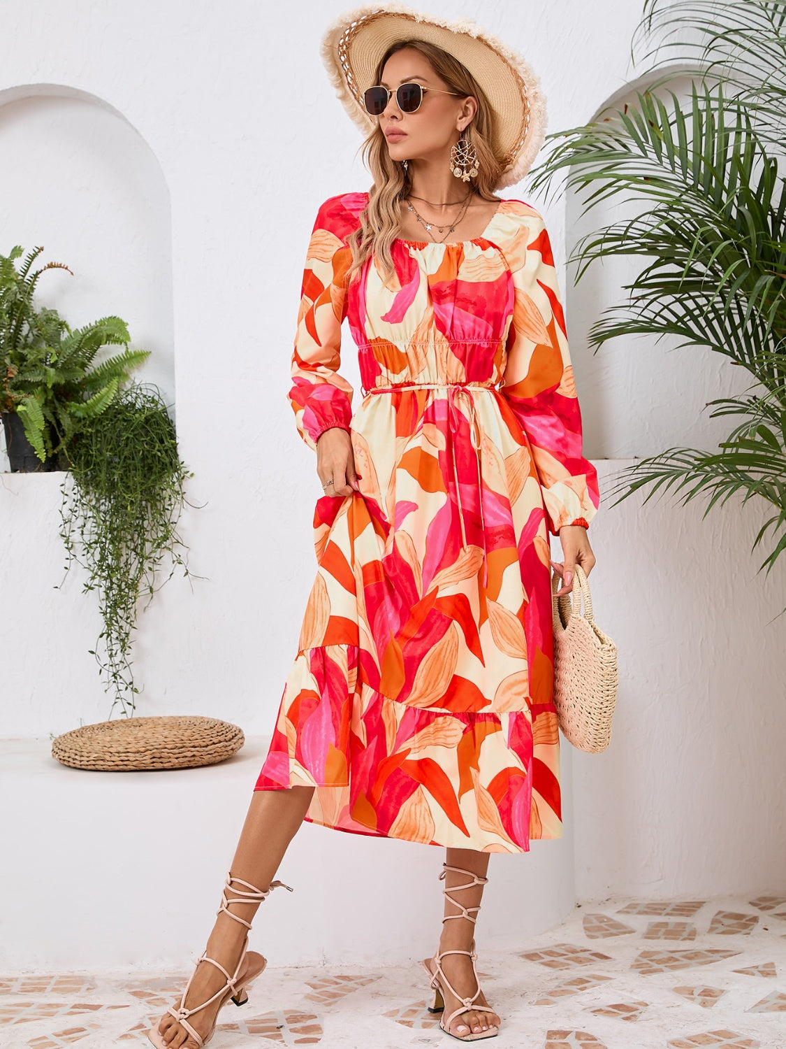 Happy Boho Printed Midi Dress with Long Sleeve