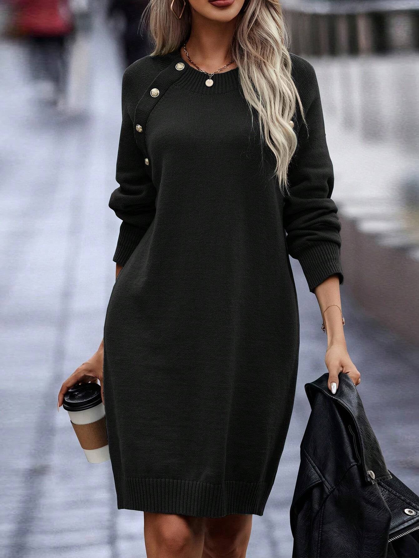 Effortless Chic Oversized Pullover Sweater Dress with  Crew Neck & Long Sleeve