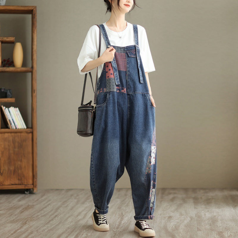 Print Spliced Nine Split Denim Strappy Overalls