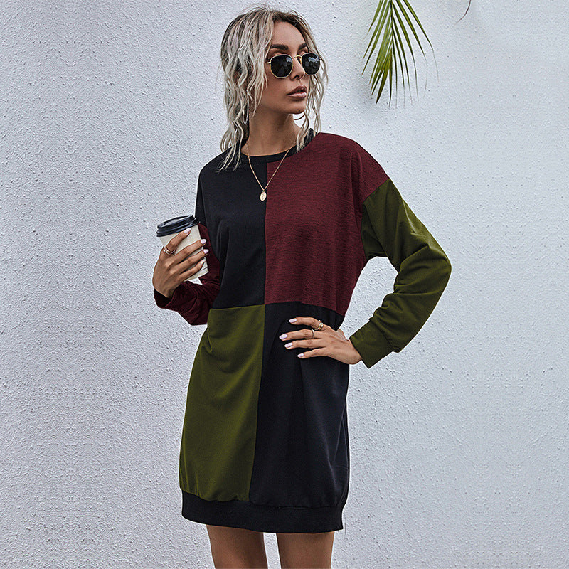 Long Sleeve Round Neck Color Contrast Pullover Dress