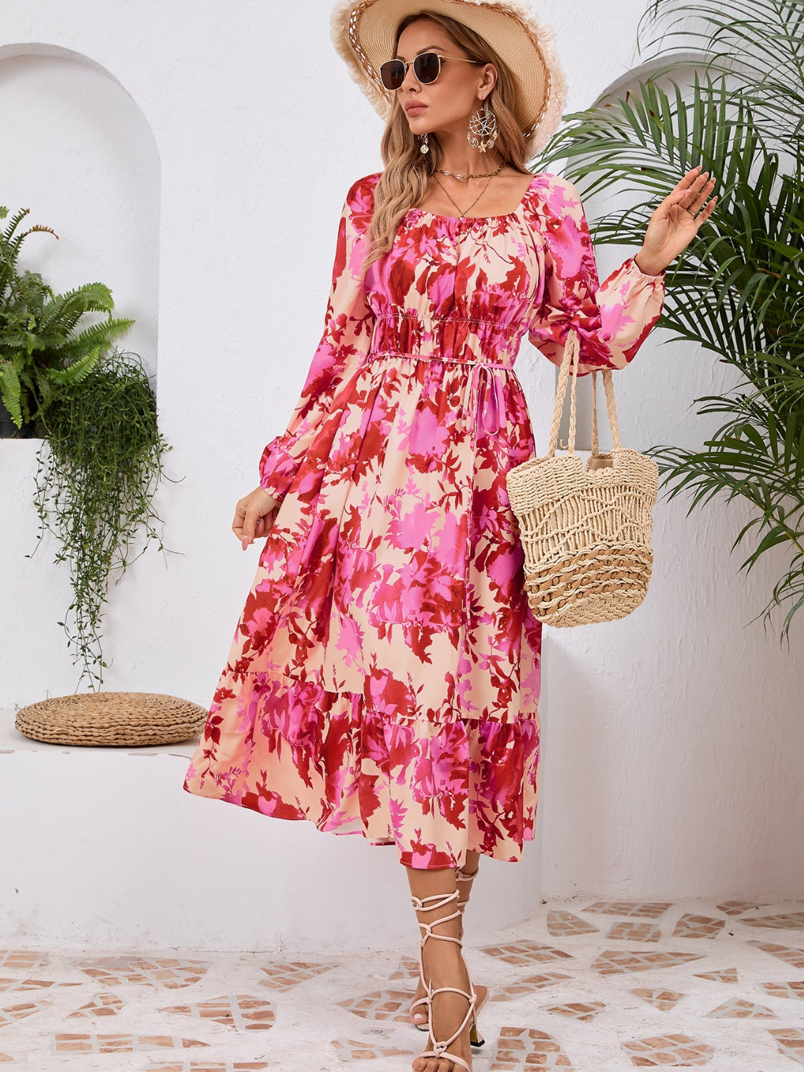 Happy Boho Printed Midi Dress with Long Sleeve