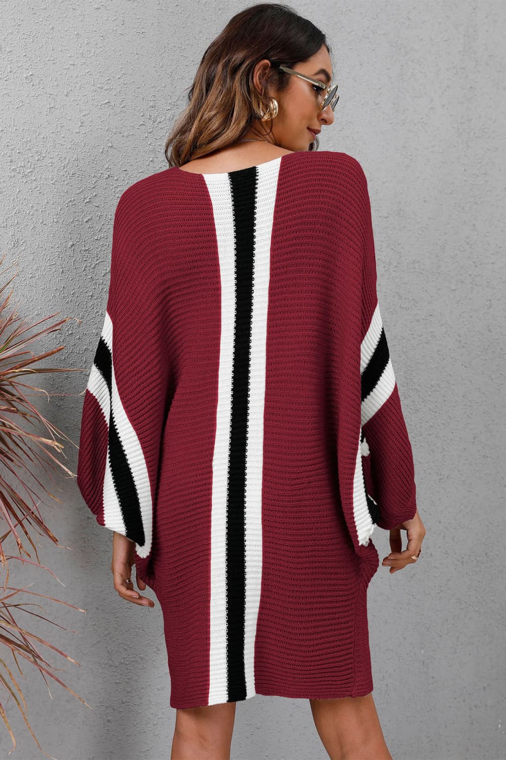 Chic  Ribbed  Sweater Dress with Round Neck & Long Dolman Sleeves