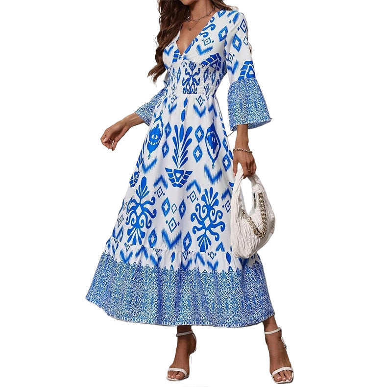 Blue Flower Boho  Casual V-neck Long Dress