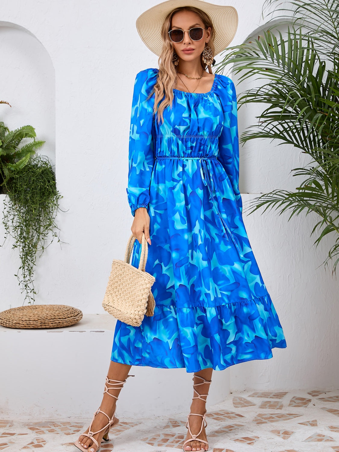 Happy Boho Printed Midi Dress with Long Sleeve