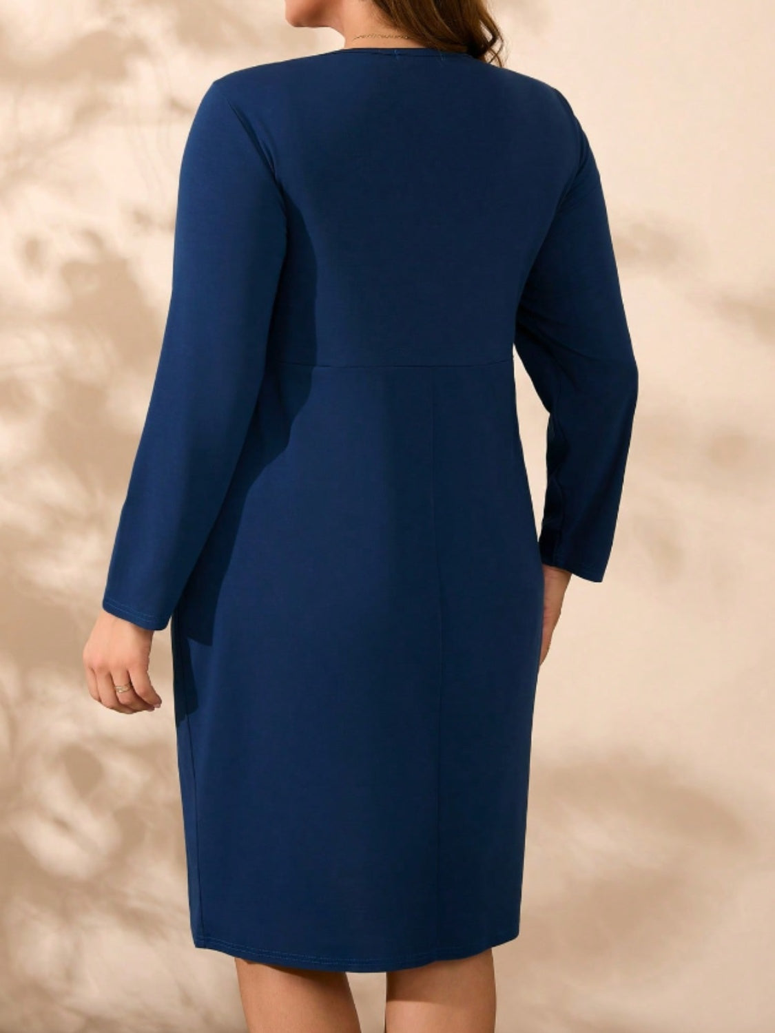 Navy Ruched Round Neck Long Sleeve Dress