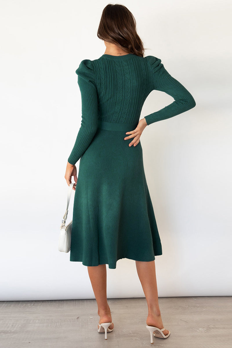 Round Neck Long Sleeve Tie Waist Midi Sweater Dress