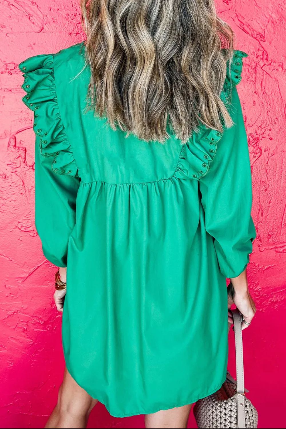 Green Embroidered Ruffled Notched  Dress wiht Three-Quarter Sleeves