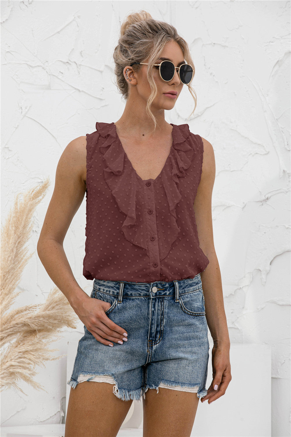 Swiss Dot Ruffled Wide Strap Tank Top