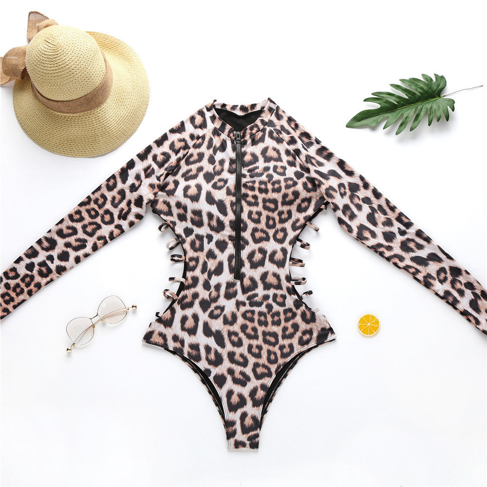 Black Stripes Leopard Print  V Neck One-Piece Swimsuit