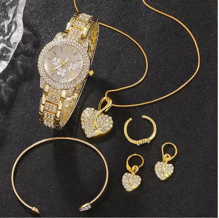 6 Piece Matching Gold Diamond Bracelet, Quartz Watch, Necklace, Ring, Earrings Set