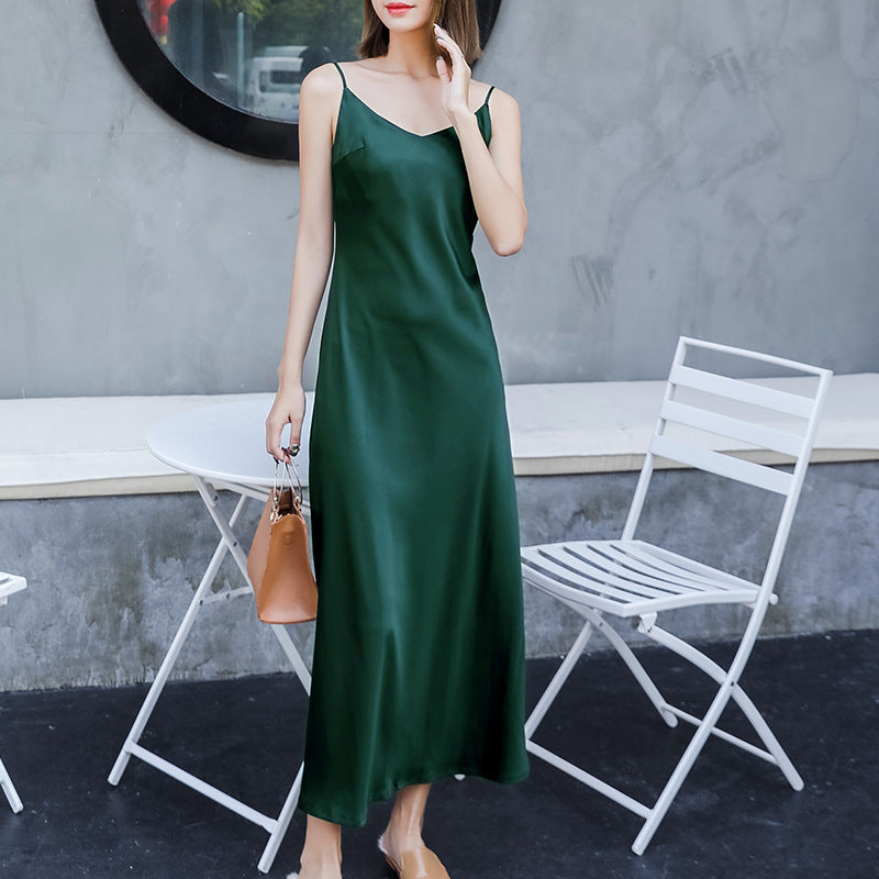 Spaghetti Straps Long Dress Silk Vest Suspender Skirt