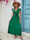 Sea Blue Mall Angelic Aura Tied Ruffled V-Neck Pleated Dress elegant green dress Hanny maxi  dress Pleated dress Pleated Dress Success ruffled pleated dress Ruffled V-Neck SeaBlueMall.com