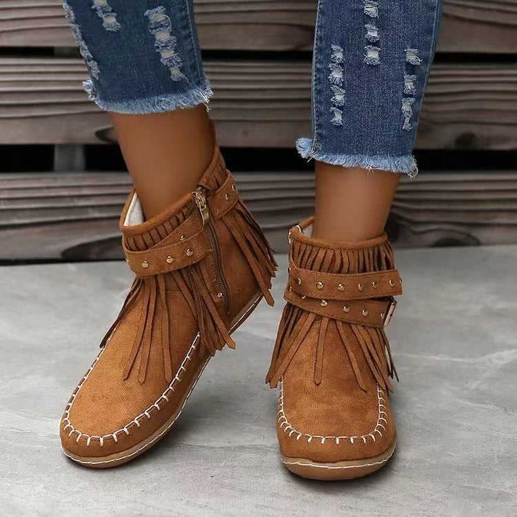 Retro Flat Ankle Moccasin Boots With Rivet Tassel