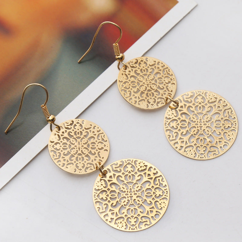 Round Pattern Drop Dangle Earrings Gold Overlay.