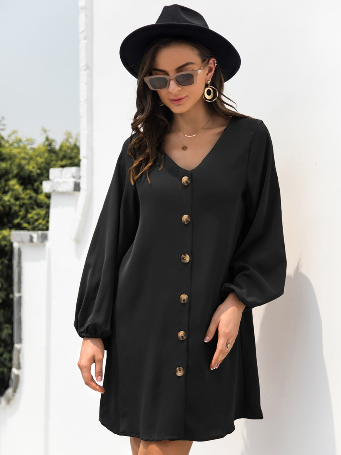 New Autumn  Mini Buttoned Dress with V-Neck & Long Sleeves