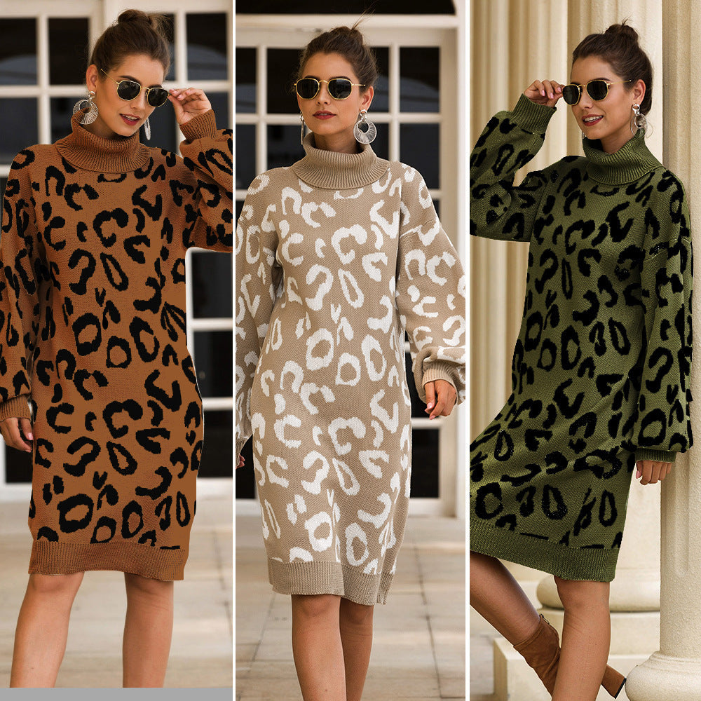 So Cozy Turtleneck Leopard Print Sweater Dress