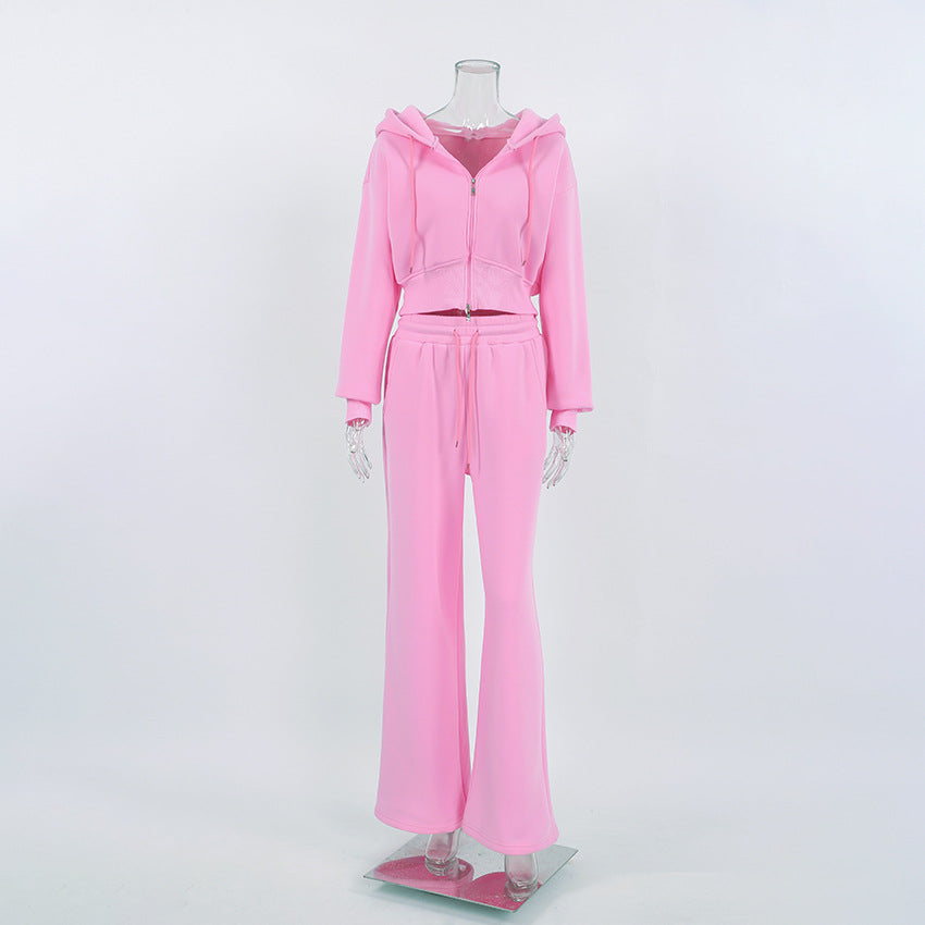 Pink Two-Piece  Knitted Set w/ Fluff Hoody & Wide Leg  Pants