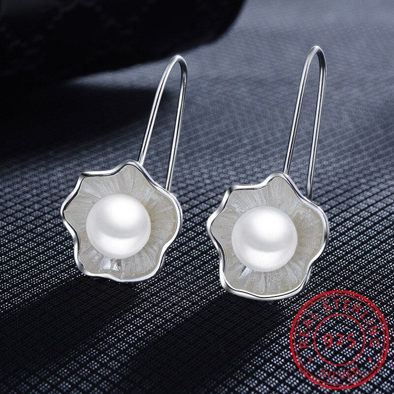 925 Sterling Silver Pearl Lotus Drop Hook Earrings.