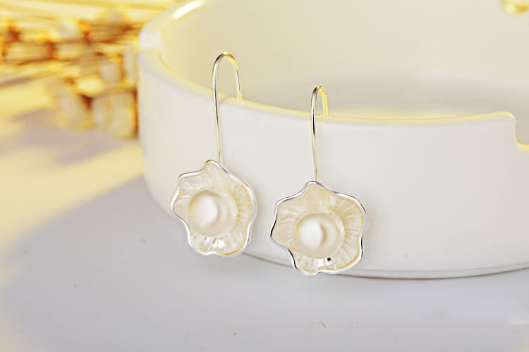 925 Sterling Silver Pearl Lotus Drop Hook Earrings.