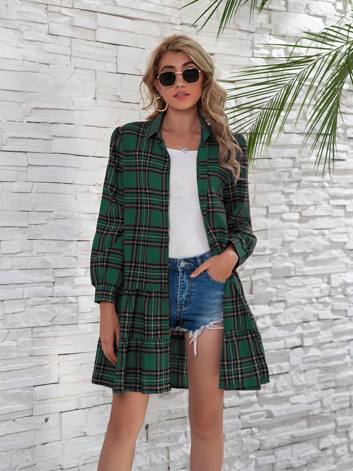 Shirt Style Checkered Plaid Button Down  Ruffle Hem  Dress with  Long Sleeve