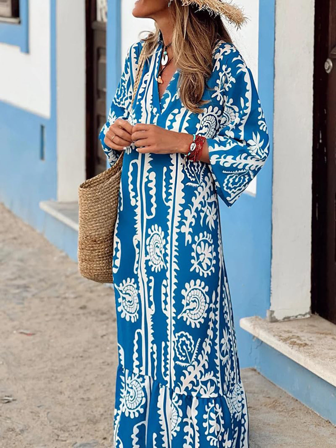 Blue Ocean  Printed Boho  Maxi Dress with Half Sleeve