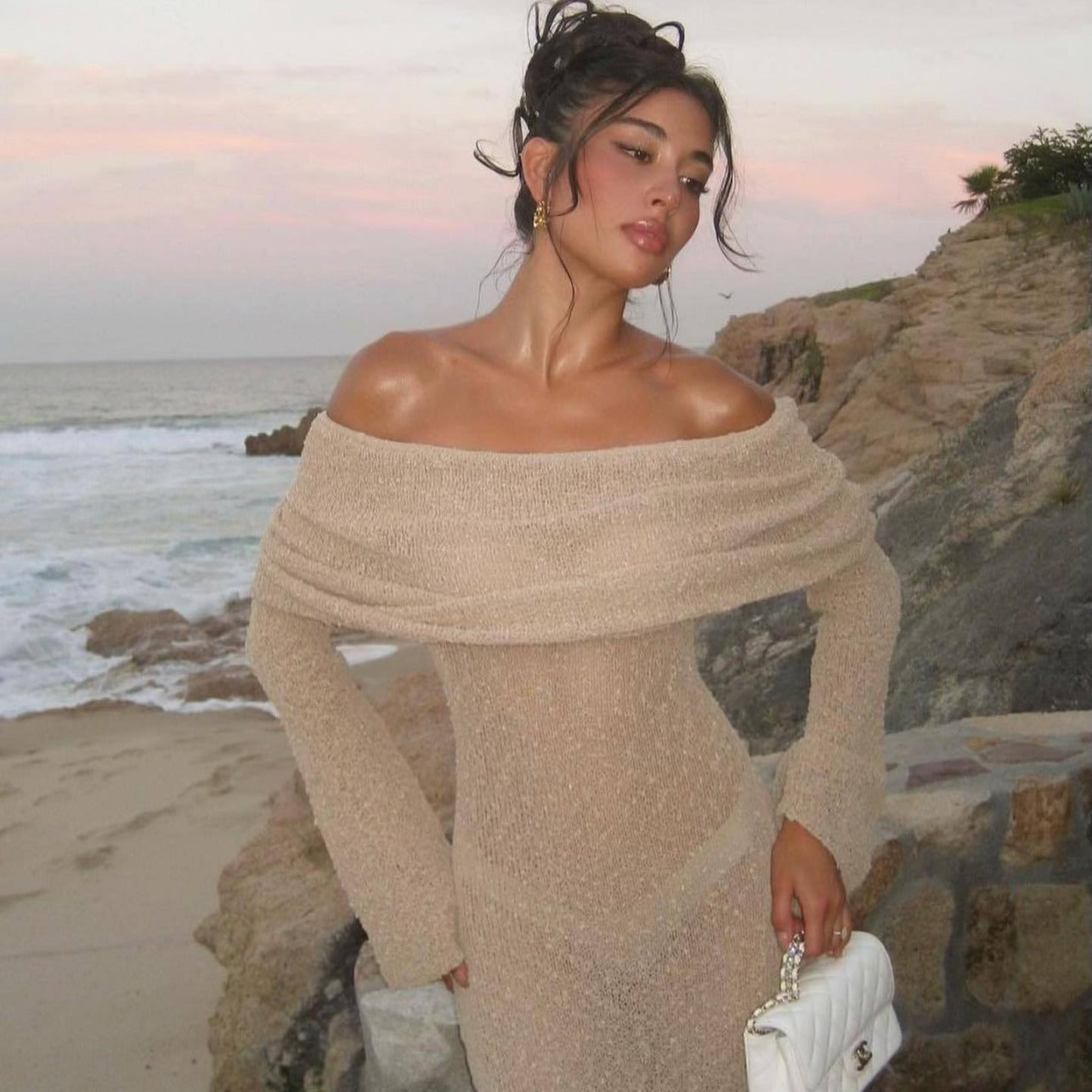 Beach Holiday One-shoulder Knitted Long-Sleeved Dress