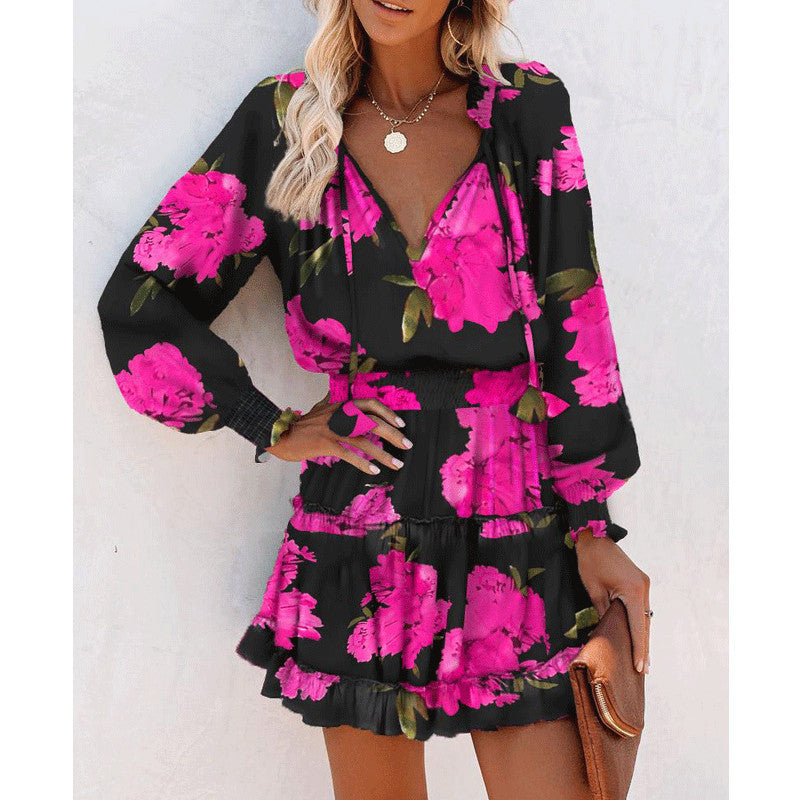 Flowers Patchwork  Print Long Sleeve Dress with Puff Sleeve