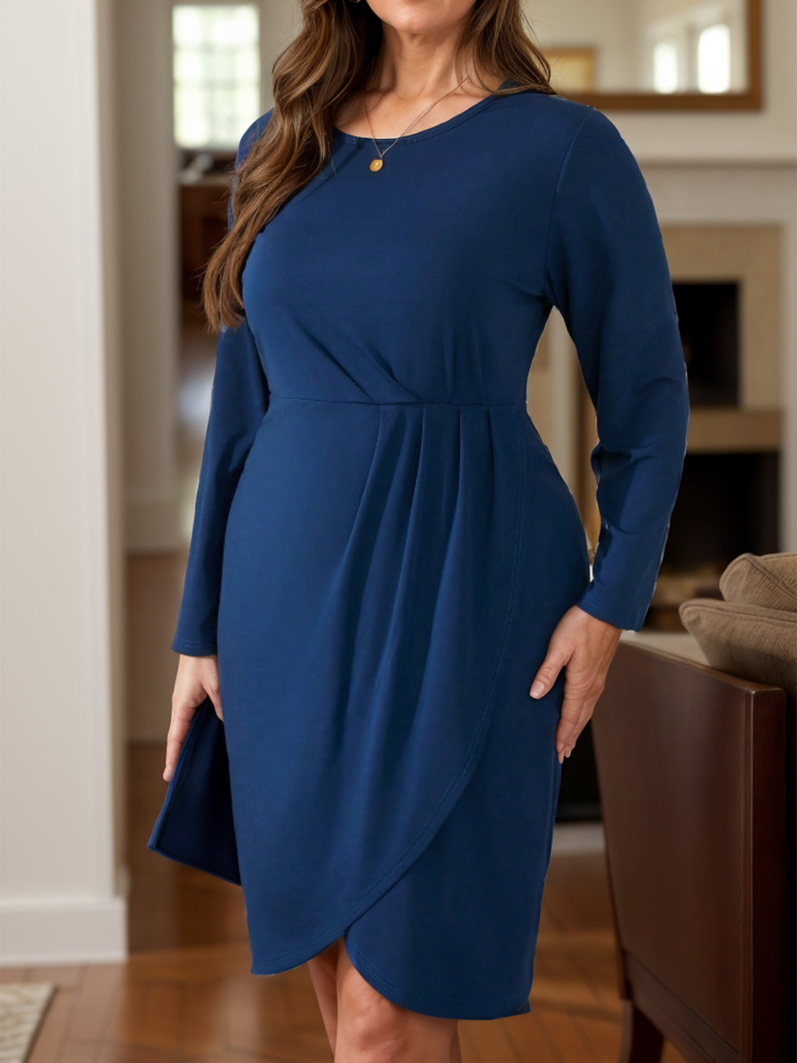 Navy Ruched Round Neck Long Sleeve Dress