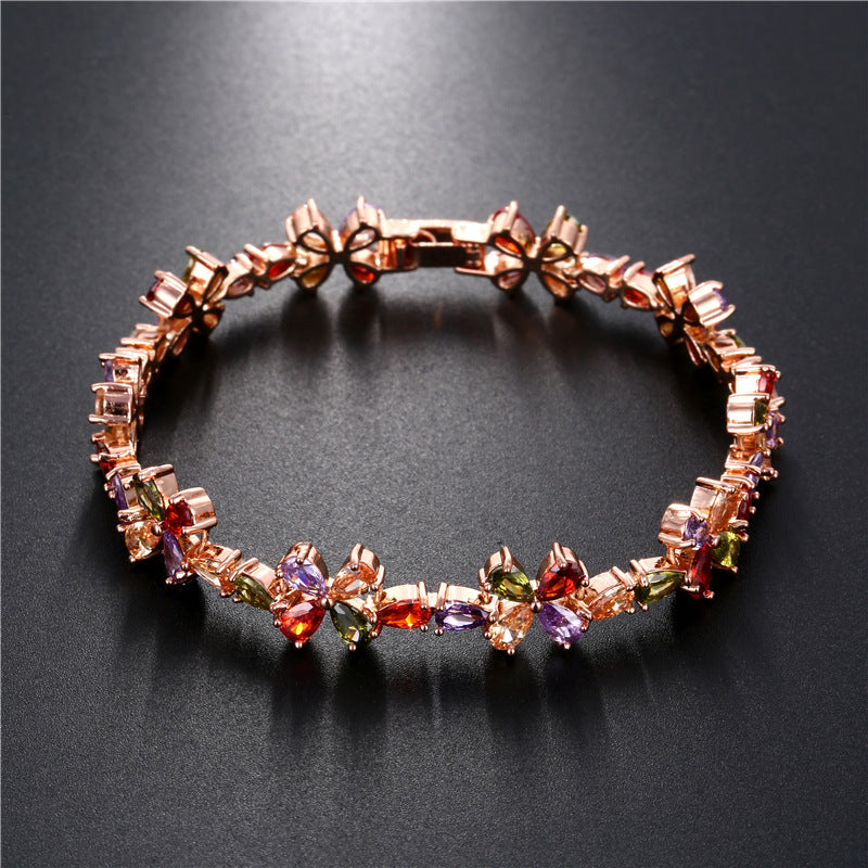 Rose Gold Colorful Flower Petals Zircon Bracelet Women