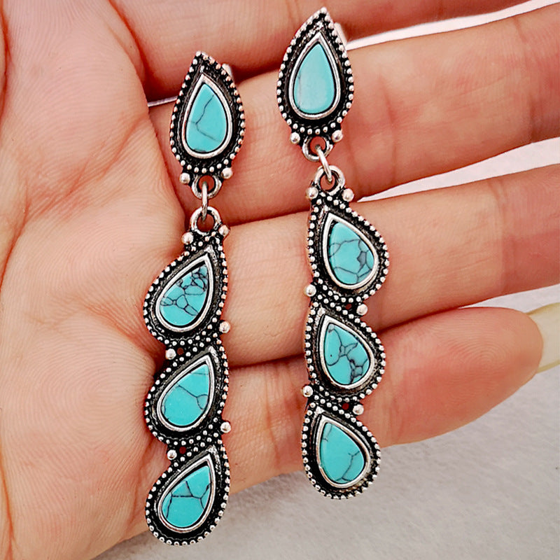 Boho Creative Tree Leaf Genuine Turquoise Teardrop Earrings.