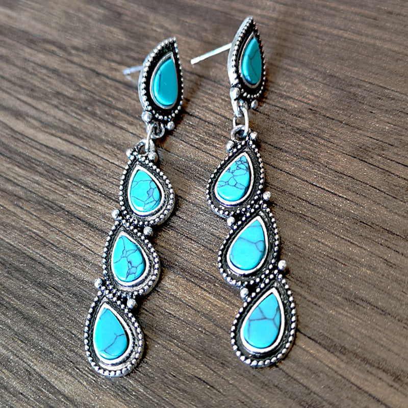 Boho Creative Tree Leaf Genuine Turquoise Teardrop Earrings.