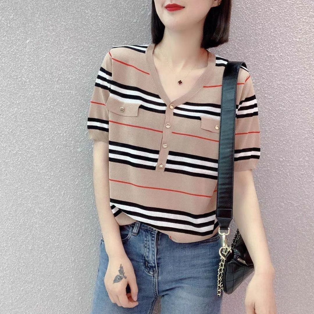 Khaki Striped Hemp  Blouse with Short Sleeves