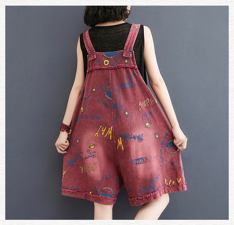 Retro Fashion Print Loose Denim Strap Overalls