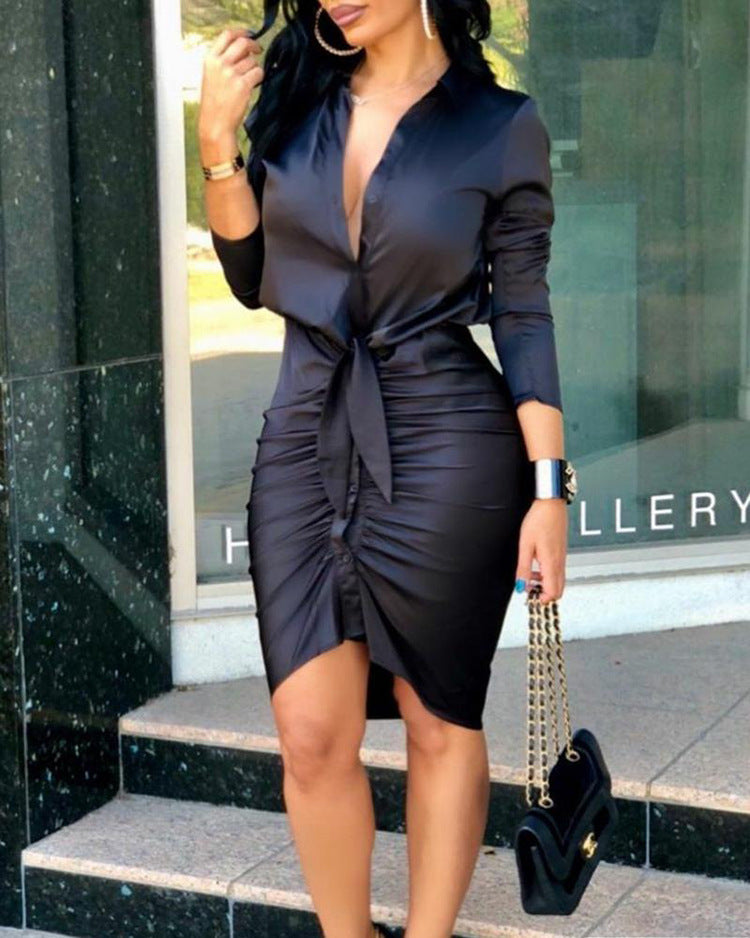 Party Shirt Style Elegant Midi Dress with Long Sleeve