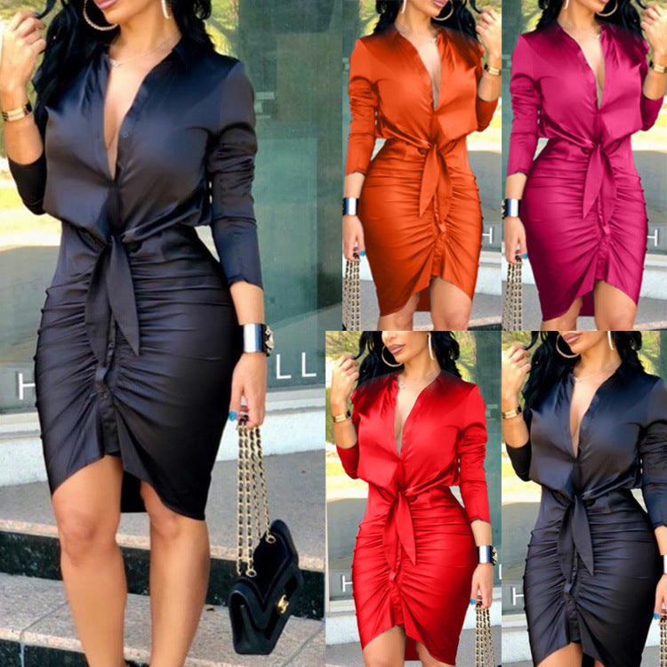 Party Shirt Style Elegant Midi Dress with Long Sleeve